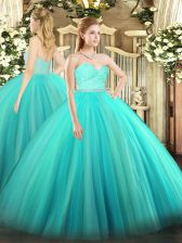 Pretty Turquoise Sweetheart Neckline Beading and Lace 15th Birthday Dress Sleeveless Zipper