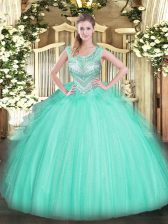 Ideal Tulle Sleeveless Floor Length Quince Ball Gowns and Beading