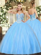 Glittering Aqua Blue Lace Up Sweetheart Beading Quinceanera Gowns Tulle Sleeveless