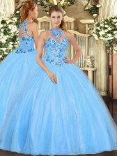 Amazing Baby Blue Ball Gowns Halter Top Sleeveless Tulle Floor Length Lace Up Embroidery 15th Birthday Dress