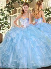 Traditional Aqua Blue Sleeveless Floor Length Beading and Ruffles Lace Up Quinceanera Dress