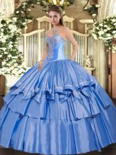 Traditional Sleeveless Floor Length Beading and Ruffled Layers Lace Up Ball Gown Prom Dress with Baby Blue