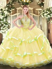 Exquisite Halter Top Sleeveless Organza Vestidos de Quinceanera Beading and Ruffled Layers Lace Up
