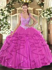  Fuchsia Tulle Lace Up Quinceanera Dress Sleeveless Floor Length Beading and Ruffles