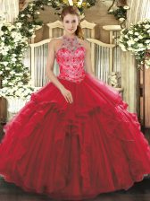 Glorious Beading and Embroidery and Ruffles Sweet 16 Quinceanera Dress Coral Red Lace Up Sleeveless Floor Length
