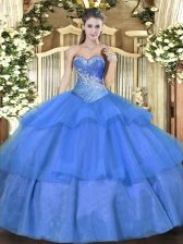 Admirable Blue Lace Up Sweetheart Beading and Ruffled Layers Quinceanera Gowns Tulle Sleeveless