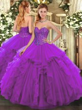  Eggplant Purple Sweetheart Lace Up Beading and Ruffles Quince Ball Gowns Sleeveless