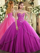 Sophisticated Fuchsia Vestidos de Quinceanera Military Ball and Sweet 16 and Quinceanera with Appliques and Embroidery Sweetheart Sleeveless Brush Train Lace Up