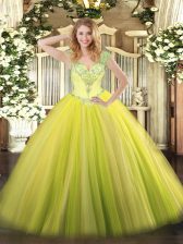  Yellow Green Tulle Lace Up V-neck Sleeveless Floor Length 15 Quinceanera Dress Beading and Ruffles
