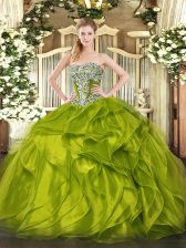 Most Popular Strapless Sleeveless Organza Quinceanera Gown Beading and Ruffled Layers Lace Up