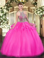 Suitable Hot Pink Ball Gowns Tulle Halter Top Sleeveless Beading and Ruffles Floor Length Lace Up 15 Quinceanera Dress