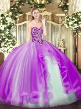 Trendy Floor Length Lilac Sweet 16 Quinceanera Dress Tulle Sleeveless Beading and Ruffles
