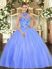  Blue Lace Up Quince Ball Gowns Embroidery Sleeveless Floor Length