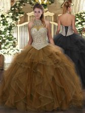  Halter Top Sleeveless Tulle Quinceanera Dresses Beading and Ruffles Lace Up
