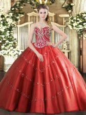  Red Quinceanera Gown Military Ball and Sweet 16 and Quinceanera with Beading and Appliques Sweetheart Sleeveless Lace Up