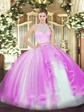 New Style Lace and Ruffles Ball Gown Prom Dress Lilac Zipper Sleeveless Floor Length