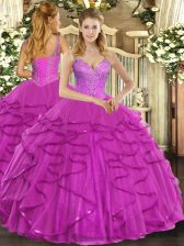 Elegant Fuchsia Quinceanera Dresses Military Ball and Sweet 16 and Quinceanera with Beading and Ruffles V-neck Sleeveless Lace Up