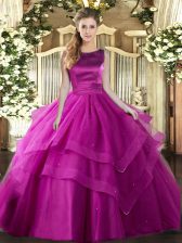 Custom Fit Floor Length Fuchsia Sweet 16 Dresses Scoop Sleeveless Lace Up