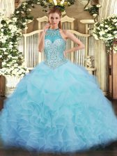  Sleeveless Floor Length Beading and Ruffles and Pick Ups Lace Up Quinceanera Dresses with Aqua Blue