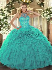 Custom Fit Turquoise Sleeveless Beading and Embroidery and Ruffles Floor Length Quinceanera Dress
