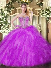 Dazzling Floor Length Fuchsia Ball Gown Prom Dress Tulle Sleeveless Beading and Ruffles