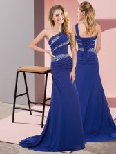 Comfortable Blue One Shoulder Neckline Beading Prom Dresses Sleeveless Lace Up