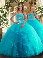Fashion Aqua Blue Sleeveless Floor Length Beading and Ruffles Lace Up 15th Birthday Dress