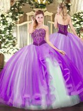 High Class Sleeveless Floor Length Beading and Ruffles Lace Up Quinceanera Gowns with Lavender
