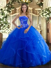  Floor Length Ball Gowns Sleeveless Blue Quinceanera Gowns Lace Up