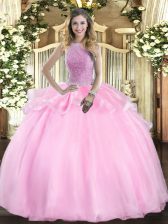 On Sale High-neck Sleeveless Ball Gown Prom Dress Floor Length Beading Pink Organza
