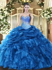  Blue Sleeveless Organza Lace Up Quinceanera Dress for Military Ball and Sweet 16 and Quinceanera