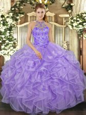  Lavender Organza Lace Up Sweet 16 Dresses Sleeveless Floor Length Beading and Ruffles