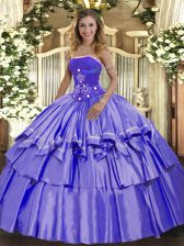  Floor Length Lace Up Quince Ball Gowns Lavender for Military Ball and Sweet 16 and Quinceanera with Beading and Ruffled Layers