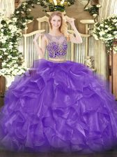 Dynamic Floor Length Eggplant Purple 15th Birthday Dress Organza Sleeveless Beading and Ruffles