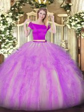 Free and Easy Short Sleeves Floor Length Appliques and Ruffles Zipper Quinceanera Gown with Lilac