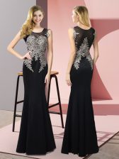  Black Mermaid Elastic Woven Satin Scoop Sleeveless Appliques Floor Length Side Zipper Prom Dress