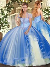  Blue Tulle Lace Up Ball Gown Prom Dress Sleeveless Floor Length Appliques and Ruffles