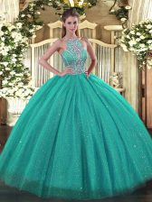  Floor Length Lace Up Quinceanera Dresses Turquoise for Military Ball and Sweet 16 and Quinceanera with Beading