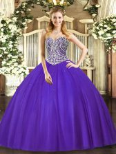 Dazzling Tulle Sweetheart Sleeveless Lace Up Beading Sweet 16 Quinceanera Dress in Purple