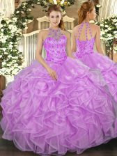 Glamorous Halter Top Sleeveless Quinceanera Gowns Floor Length Beading and Ruffles Lilac Organza