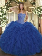 Sweetheart Sleeveless Quinceanera Gowns Floor Length Beading and Ruffles Royal Blue Tulle