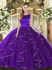 Elegant Floor Length Purple Quinceanera Gowns Scoop Sleeveless Lace Up