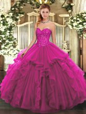  Fuchsia Lace Up Sweetheart Beading and Ruffles Quince Ball Gowns Tulle Sleeveless