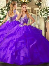  Tulle Straps Sleeveless Lace Up Beading and Ruffles 15 Quinceanera Dress in Purple