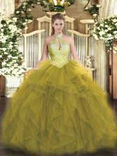 Dynamic Olive Green Sleeveless Floor Length Beading and Ruffles Lace Up Ball Gown Prom Dress