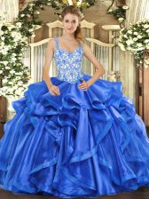  Blue Ball Gowns Straps Sleeveless Organza Floor Length Lace Up Beading and Ruffles Sweet 16 Quinceanera Dress