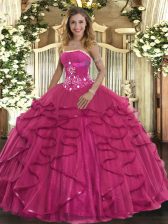 Hot Pink Sleeveless Floor Length Beading and Ruffles Zipper 15th Birthday Dress