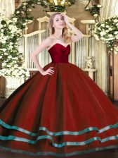Great Sweetheart Sleeveless Quince Ball Gowns Floor Length Ruffled Layers Wine Red Tulle