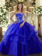 Designer Strapless Sleeveless Tulle Quinceanera Gowns Beading and Ruffled Layers Lace Up