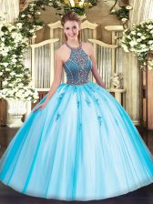  Tulle Halter Top Sleeveless Lace Up Beading and Appliques Sweet 16 Dress in Aqua Blue